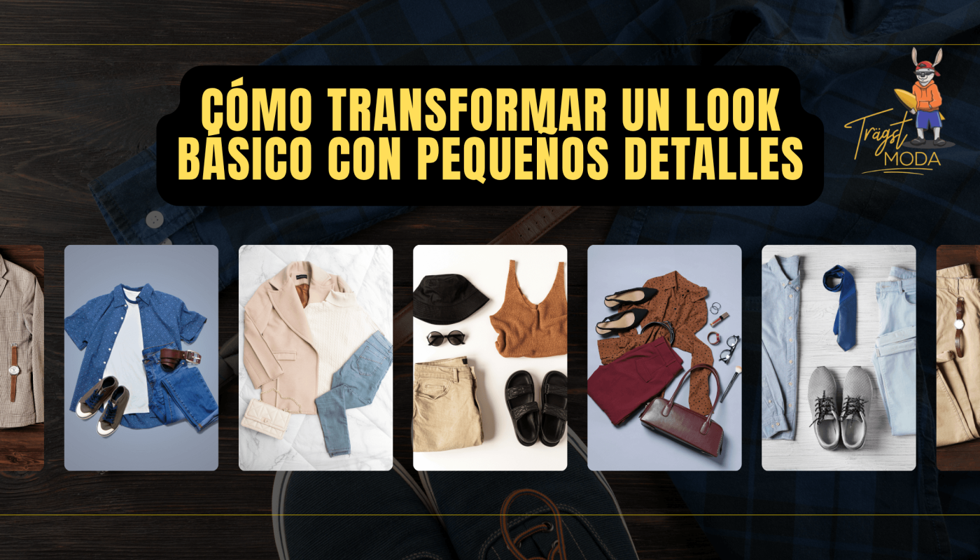 Tres versiones de un look básico transformadas mediante accesorios y diferentes prendas complementarias